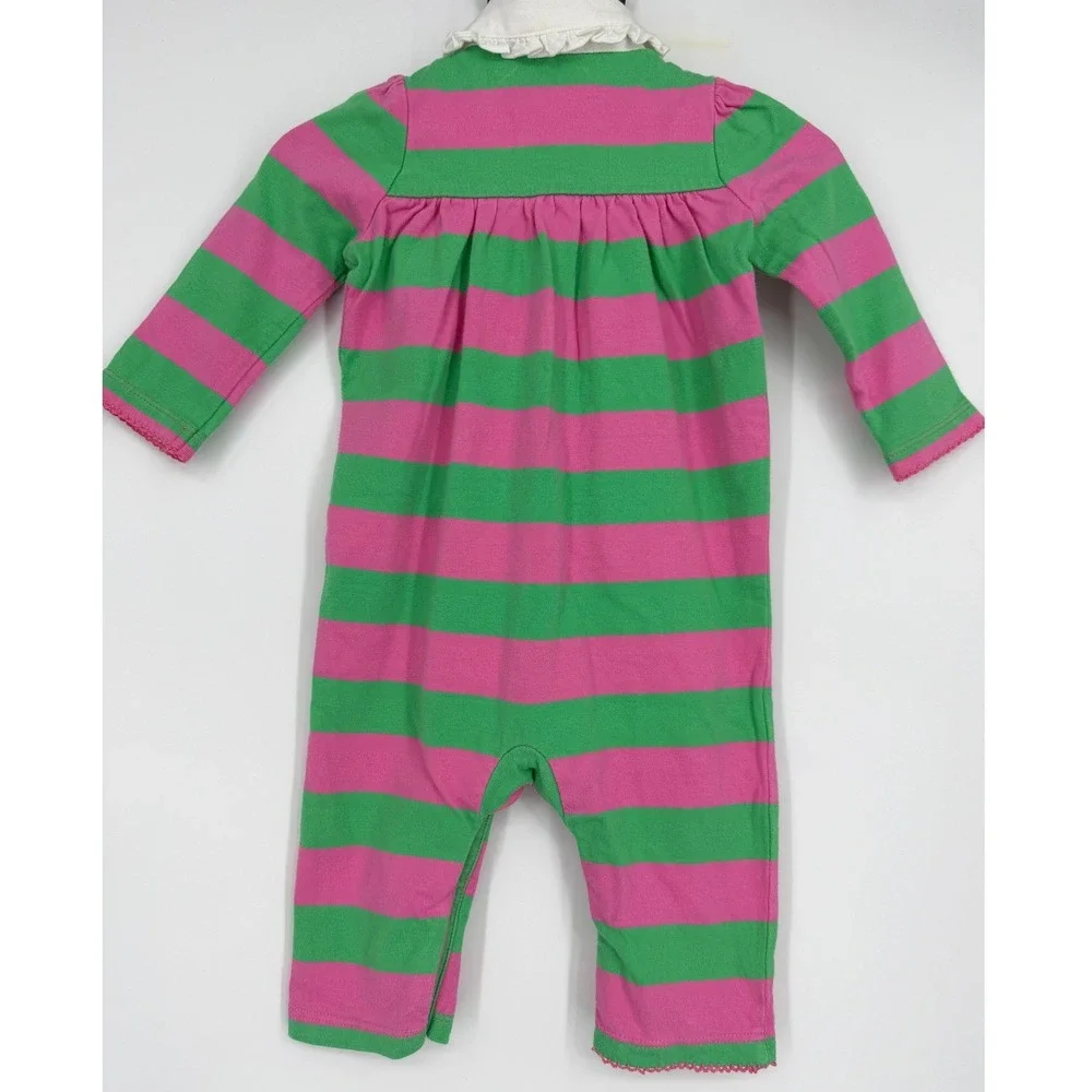 Ralph Lauren‎ Baby Pink Green Striped Romper Ruffle Collar Embroidered Pony 6 M